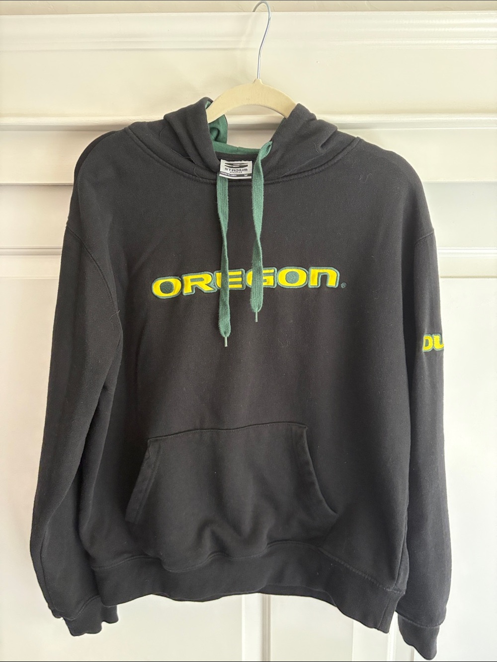 UO Ducks Hoodie with Green Drawstrings and Yellow Oregon